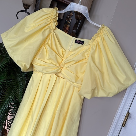 Vintage MABELL NWOT Yellow Puff Sleeves Mini Dress Cutout Gathered Ruched Spring - Picture 6 of 14